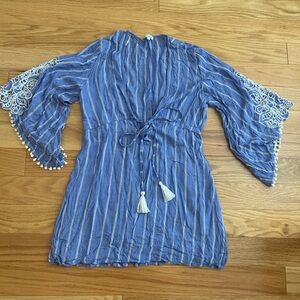 Blue Island Blue 3/4 Sleeve Tie Front Tunic Cover Up